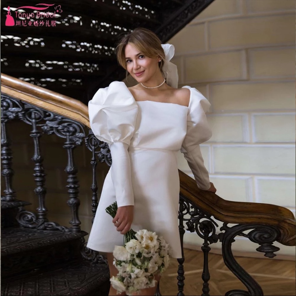 Vintage Mini Wedding Dress Cap Puff Sleeves A-line Boho